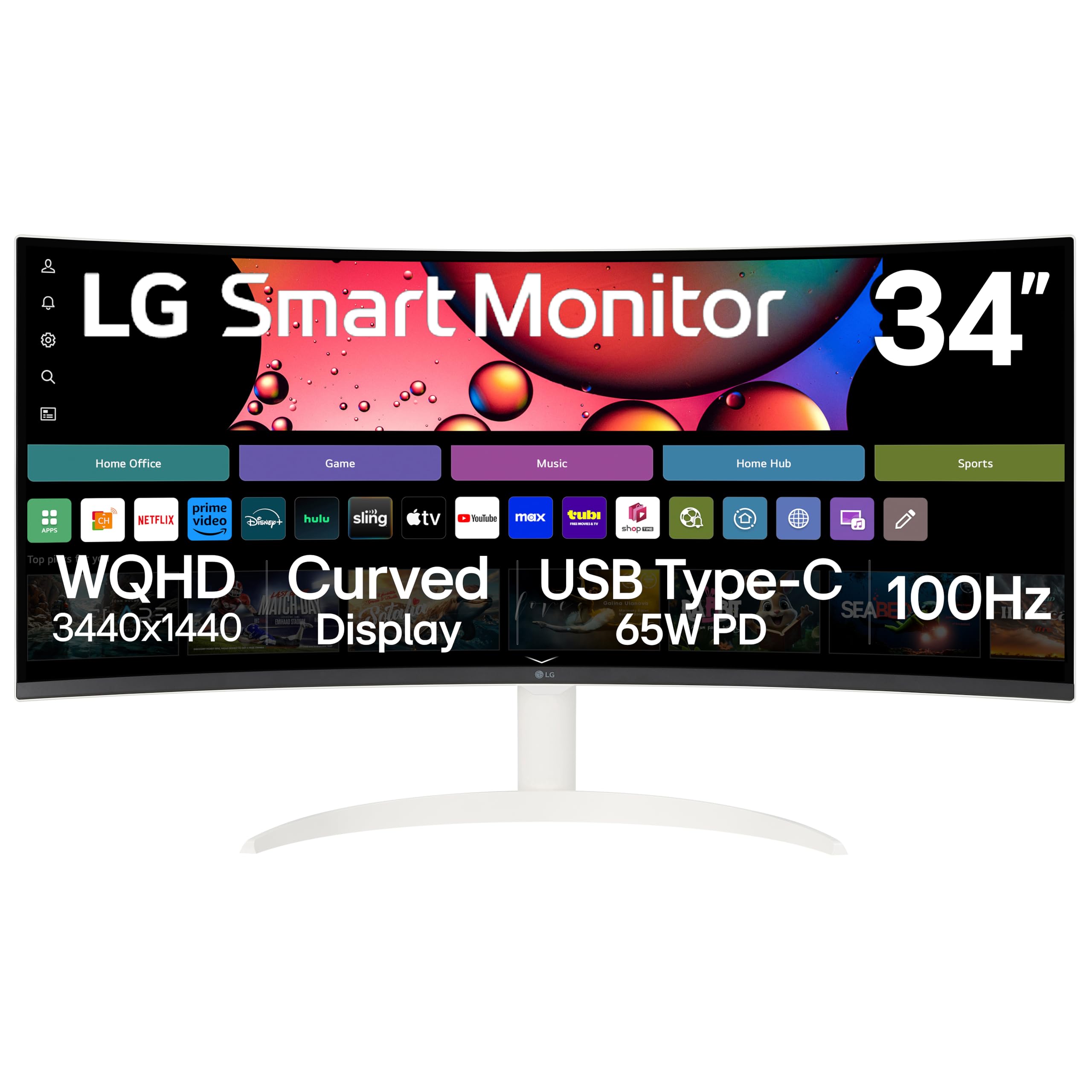 LG 34SR63QA-W 34 inch Smart Curved Monitor with Streaming TV, QHD 1440p, UltraWide Screen, USB Type-C 65W PD, 1800R, webOS, HDR10, 100Hz, Built-in Speaker, AirPlay2, Screen Share, Bluetooth, White