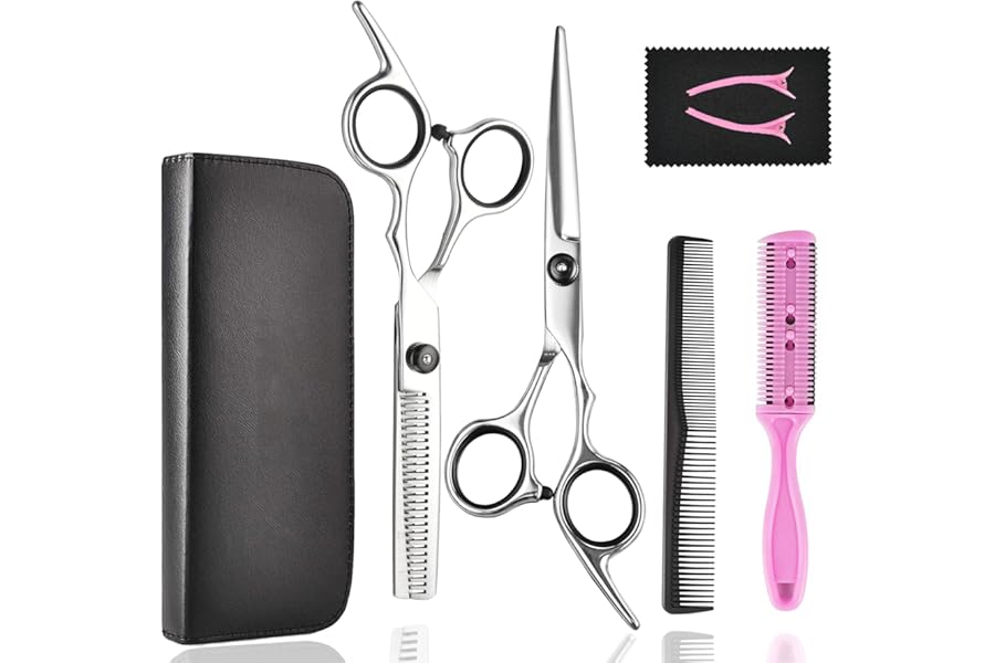 Hair Cutting Scissors Thinning Shears- Fcysy Professional Barber Sharp Hair Scissors Hairdressing Shears Kit with Haircut Accessories in Leather Case for Cutting Styling Hair for Women Men Pet- 7 Pcs