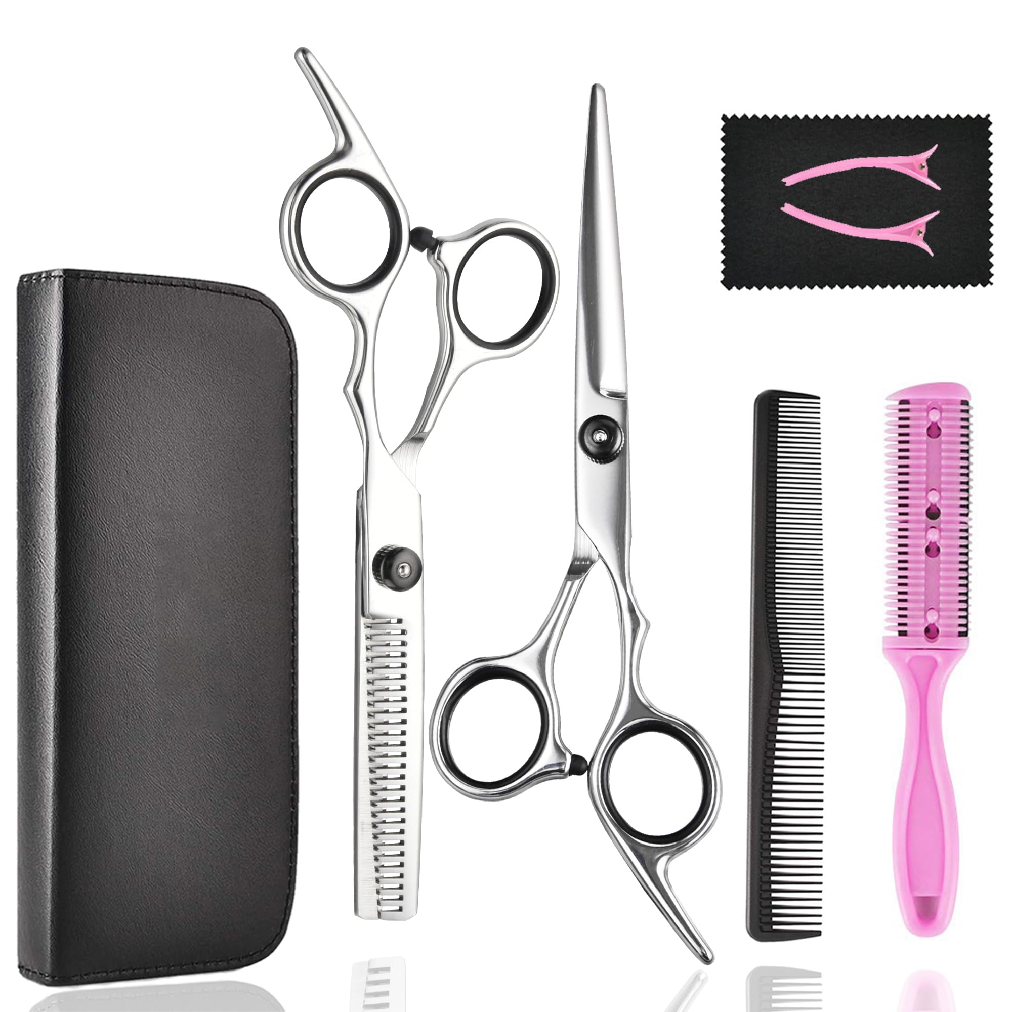 Photo 1 of *** MISSING 1 PAIR OF SCISSORS**** Hair Cutting Scissors Thinning Shears- Fcysy Professional Barber Sharp Hair Scissors Hairdressing Shears Kit with Haircut Accessories in Leather Case for Cutting Styling Hair for Women Men Pet- 7 Pcs