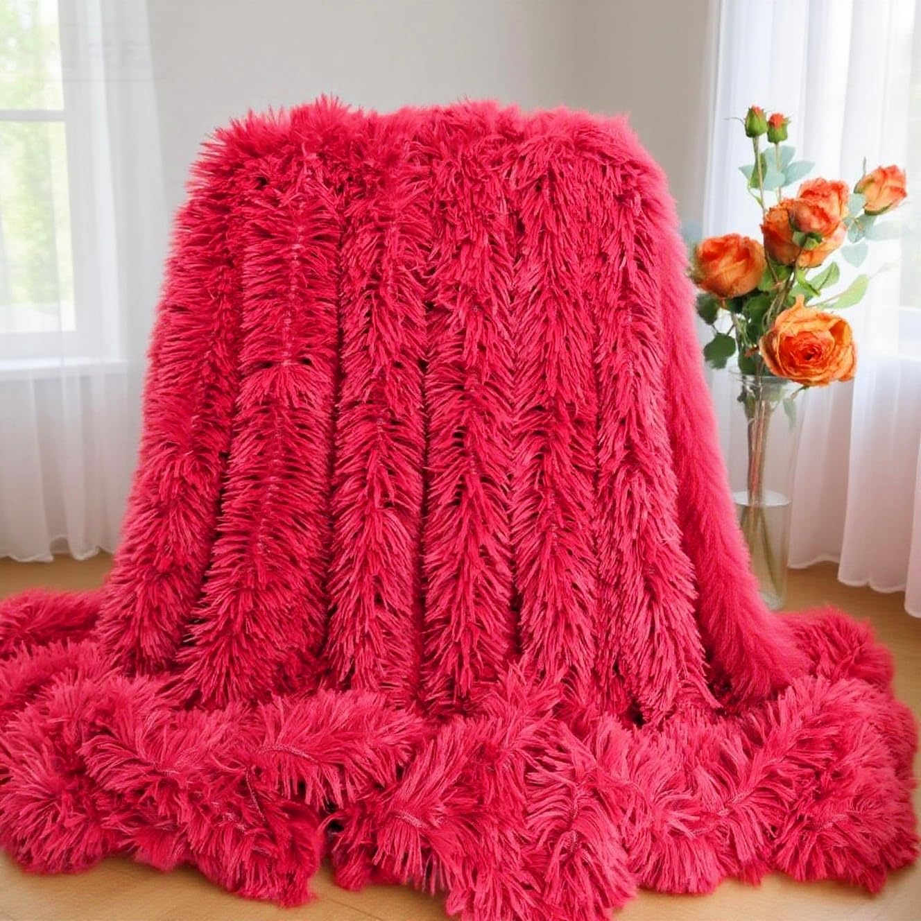 Myru Plush Super Soft Blanket Bedding Sofa Cover Furry Fuzzy Fur Warm Throw Qulit Cozy Couch Blanket for Winter (63"x79", Pure Red)
