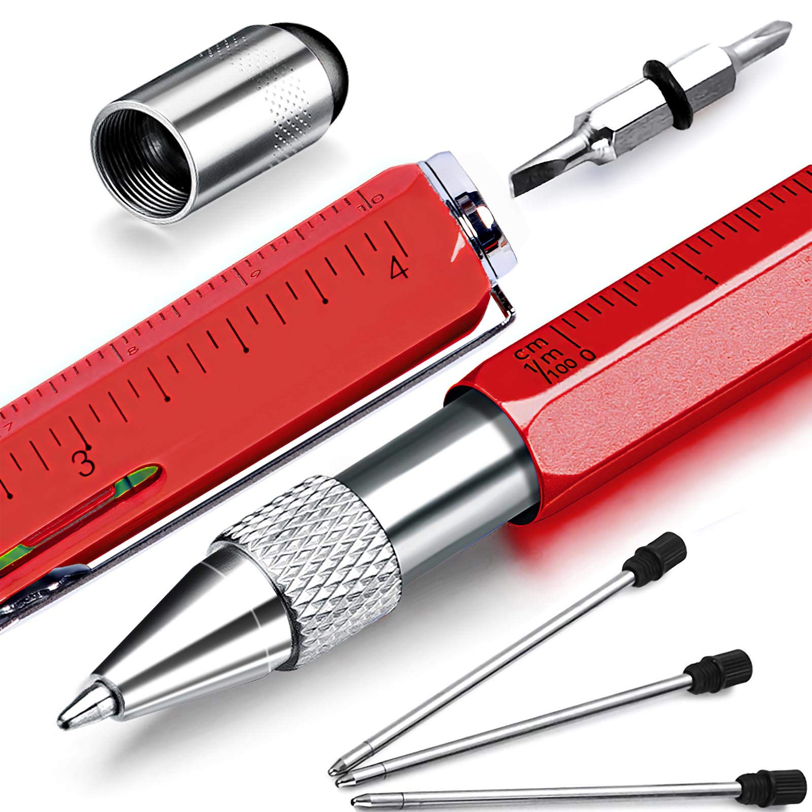 Hongred Multi Tool Pen - 6 in 1 Pens for Men, Dad, Christmas, Secret Santa, Teacher, Birthday Gifts, Black Ink, Stainless Steel, Ballpoint
