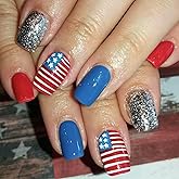 Independence Day Press on Nails Medium Square Nails Press ons Glitter Fake Nails with American Flag Designs Blue Red Acrylic Nails Cute Glue on Nails 4th of July Stick on Nails for Women 24Pcs