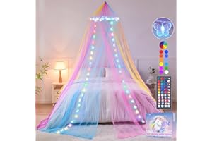 Rainbow Bed Canopy with Lights for Girls Bedroom, 34 Colors Canopy Bed Curtains with Color Changing Butterflies Lights Prince