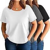 Evervibe 3 Pack Women's Plus Size Shirts, Scoop Neck Short Sleeve Casual Tops Basic Summer Tunic Tees