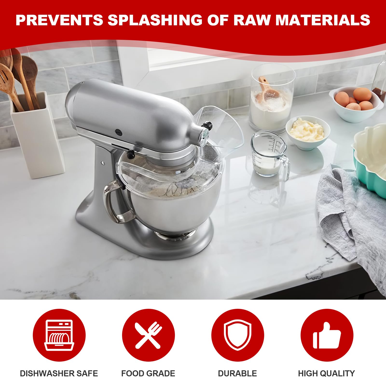 Pouring Shield for KitchenAid 4.5-5QT Mixer Bowl(Stainless Steel, Glass, Ceramic) - Secure Fit Splash Guard for KitchenAid Tilt-Head Stand Mixers and Dishwasher Safe