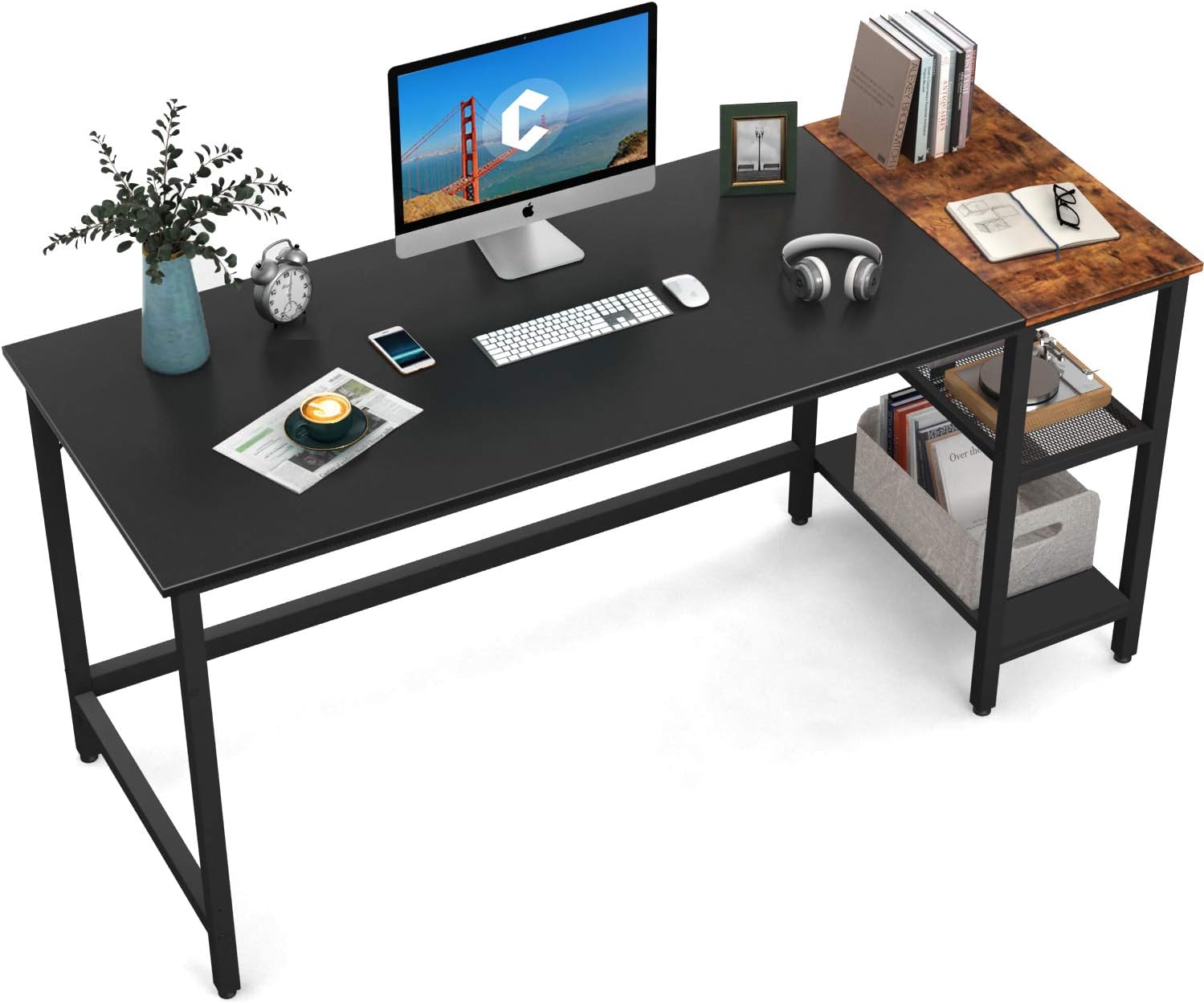 CubiCubi Home Office Computer Desk, 55 Inch Study Writing Table with Storage Shelves, Modern Simple Style PC Desk with Splice Board, Black and Rustic Brown