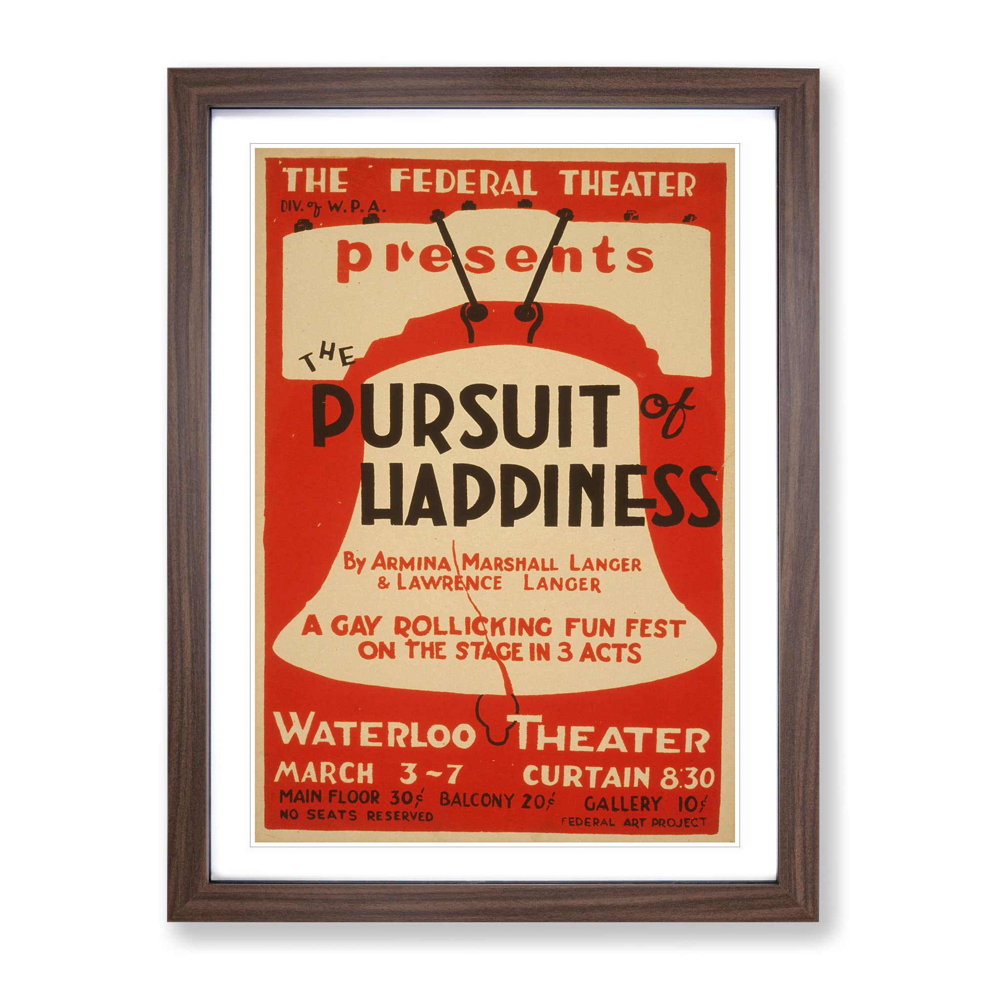 Wpa Pursuit Of Happiness No.2 Theatre Poster Vintage Framed Wall Art Print, Ready to Hang Picture for Living Room Bedroom Home Office Décor, Walnut A4 (34 x 25 cm)