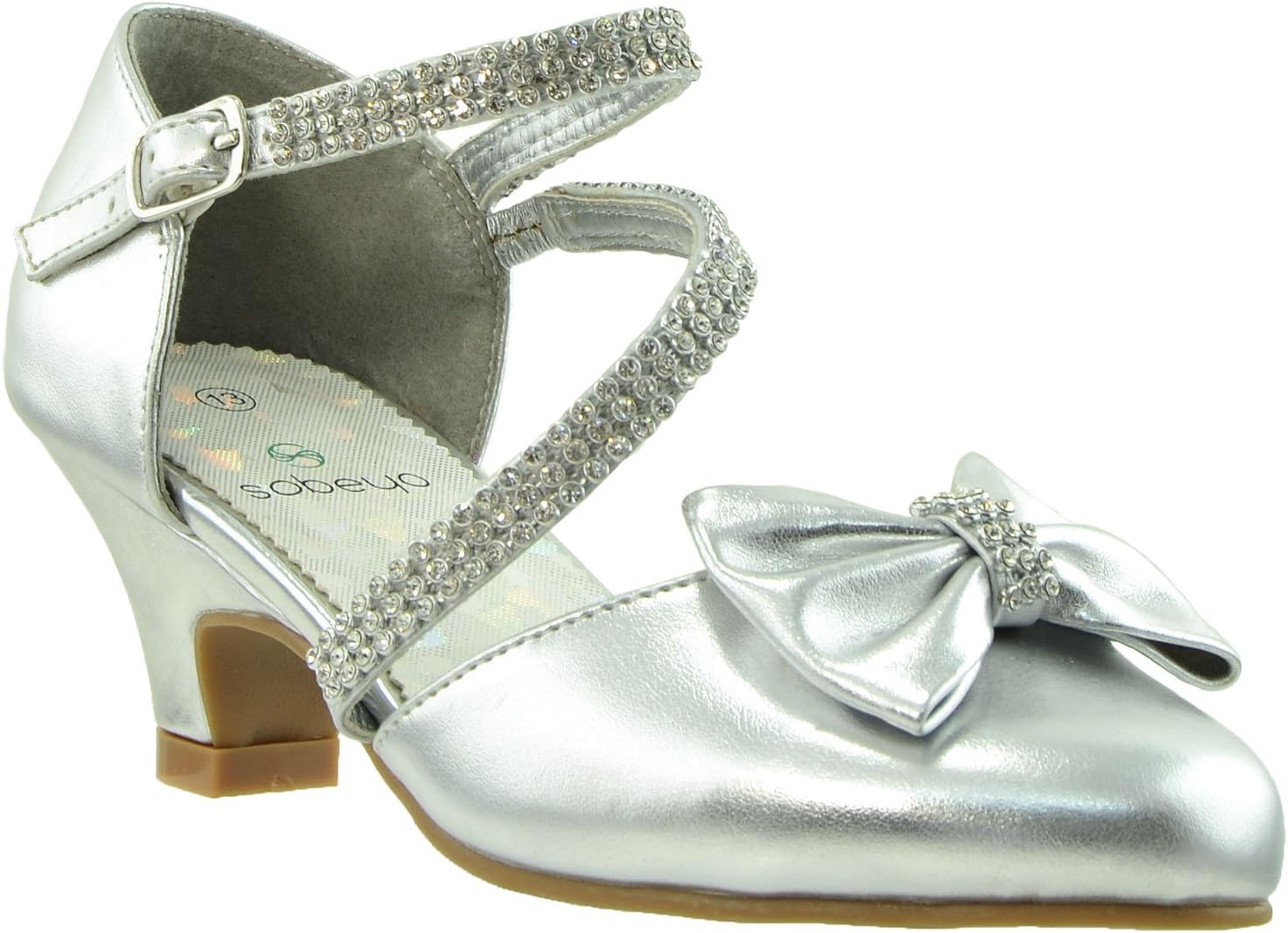 SOBEYO Girls Dress Shoes Rhinestone Bow Accent Kitten Low Heel Sandals