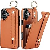 Folosu for iPhone 16 Plus Wallet Case with Card Holder, Hand Wrist Strap Loop Holder Kickstand, RFID Blocking Finger Grip Ring PU Leather Double Buttons Shockproof Cover 6.7" Brown