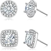 EVER FAITH Wedding Stud Earring for Women, Sterling Silver Post Round Square Flower Cubic Zirconia Pierced Earrings Set for Bride (2 Pairs)