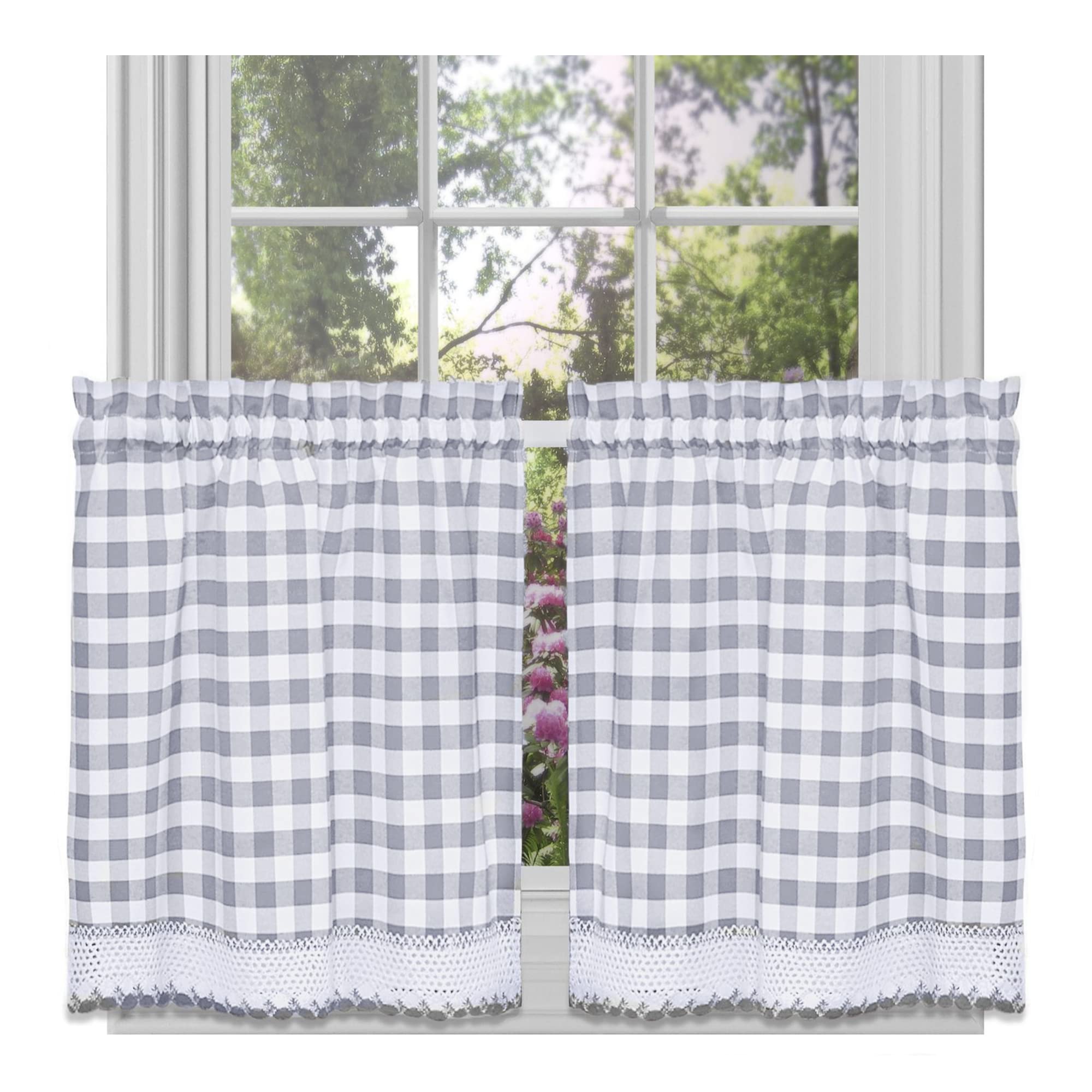 Buffalo Check Tier Pair Window Curtain Set - 58 Inch Width, 24 Inch Length - Grey & White Plaid Drapes - Light Filtering Drapes for Kitchen, Bedroom, Living & Dining Room by Achim Home Decor