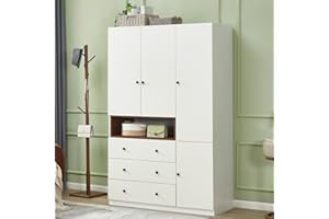 ClassyCabin 3 Door Armoire Wardrobe Closet, 3 Drawers White Armoire Storage Cabinet for Large Storage Capacity, Wooden Wardrobe Bedroom Armoires with Hanging Rod 47.3" L x 20.3" W x 72" H