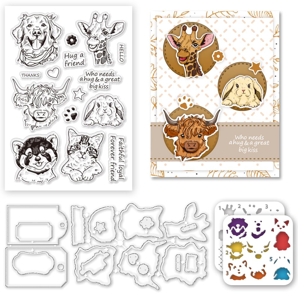 INFUNLY Cute Animals Clear Stamps and Cutting Dies Set with Reusable Dogs Draw Painting Template Cats and Rabbit Clear Silicone Stamps Cows Metal Die Cuts for DIY Scrapbooking Photo Album Decor
