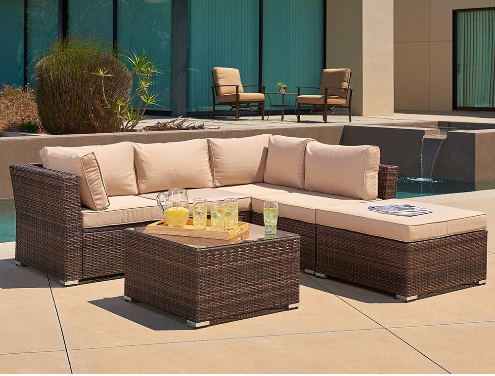 SUNCROWN Outdoor Patio Furniture 4-Piece Wicker Sofa Set Patio Furniture Set and Glass Coffee Table, Brown