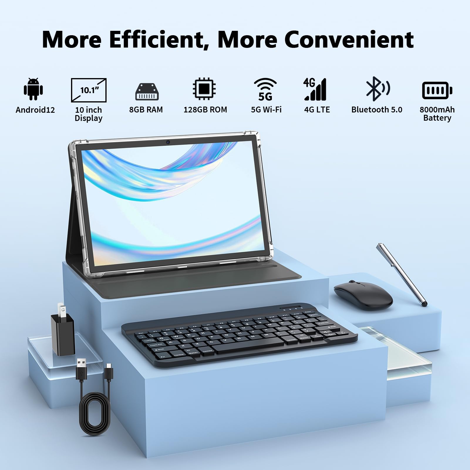 YOBANSE Android 14 Tablet with Keyboard - 10 inch Tablet, 12GB RAM, 128GB ROM (1TB Expand), 5G/2.4G WiFi, 8000mAh, BT 5.0, GMS Certified, with Mouse, Case, Stylus, Support Split Screen