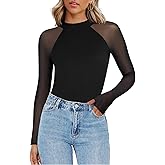 Zeagoo Long Sleeve Shirts for Women Floral Mesh Sheer Top Mock Neck Double Lined Fitted Going Out Blouses