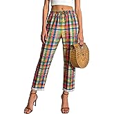 QXE Women's Striped Gingham Harem Pants Summer Casual Loose Drawstring Plaid Trousers Beach Travel Bottoms with Pockets