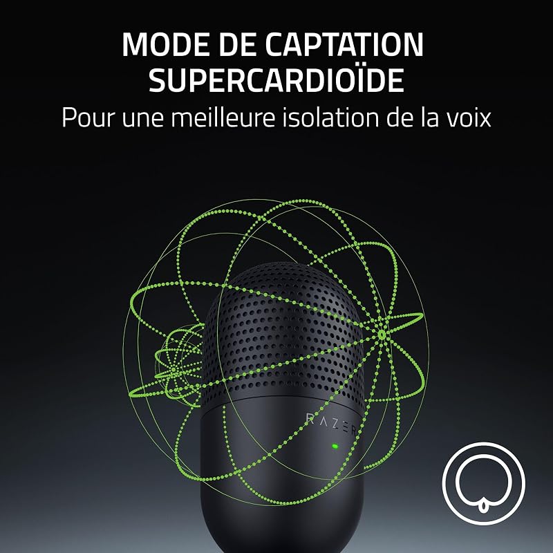 Seiren V3 Mini - Microphone USB ultra-compact (microphone à condensateur 14 mm, directivité supercardioïde, détecteur de mise en sourdine, absorbeur de chocs intégré) Noir