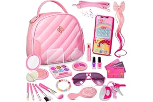 HAOOTADIY Girl Makeup Kit with Toddler Purse for 3 4 5 6 7 8+ Year Old Girls Toy, Girl Play Purse Makeup Set with Fake Phone and Make Up Accessories, Perfect Birthday for Girls Age 3+