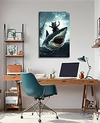 Black Cat Wall Art Cat Riding Shark Poster Funny