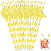 60 Pcs Lemon Paper Straws Disposable Cocktail Straws for Drinks Striped Straw for Milkshake Lemonade Stand Supplies Decorations Festival Holiday Decor