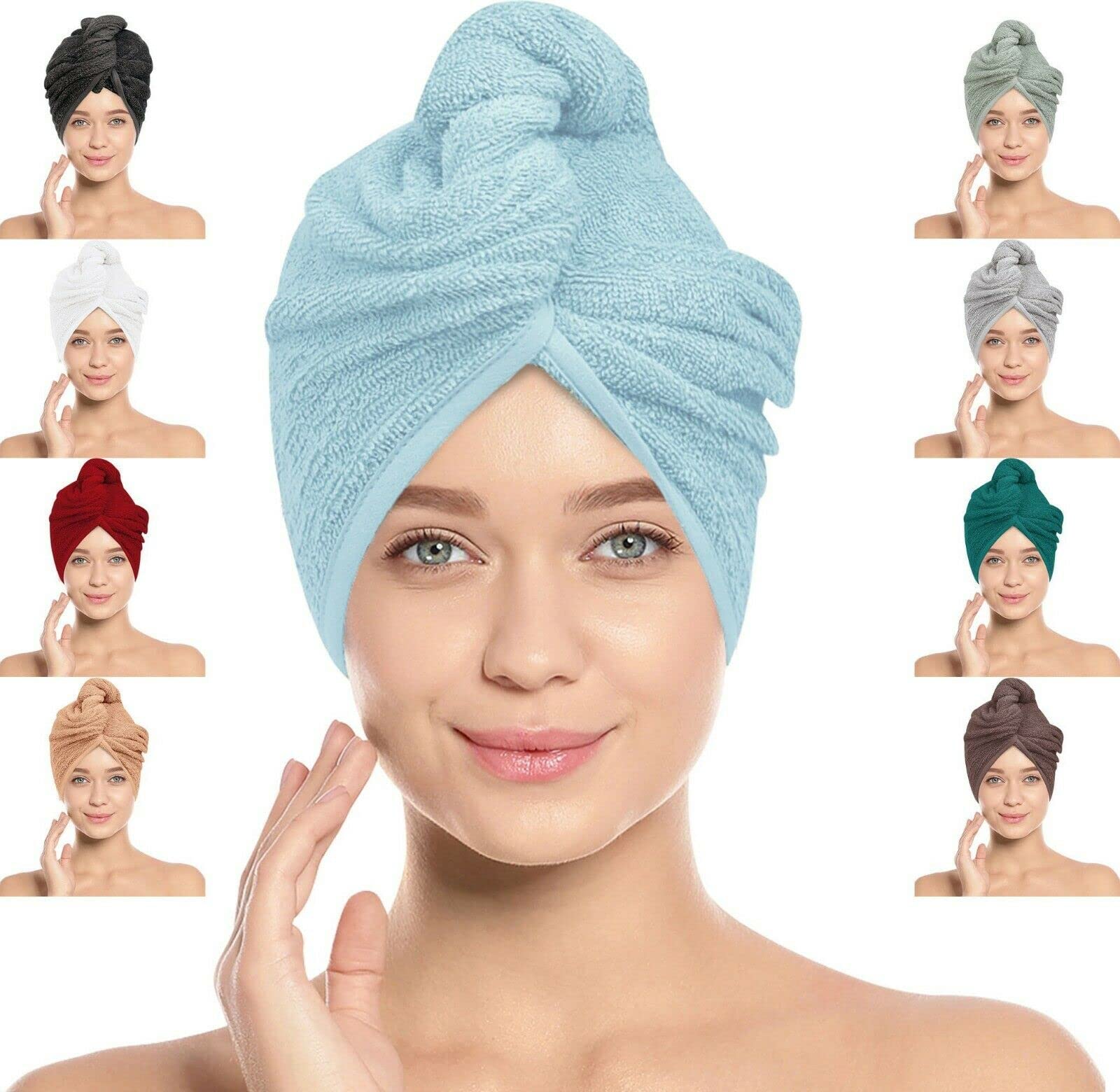 LOOMKNIT Hair Towel Wrap Lightweight Turban, Instant Drying 100% Cotton Hair Cap Super Quick Absorbent Anti-Frizz Twist Toweling Dry Hat with Button and Loop for Long Curly Hairs, 64 x 24CM