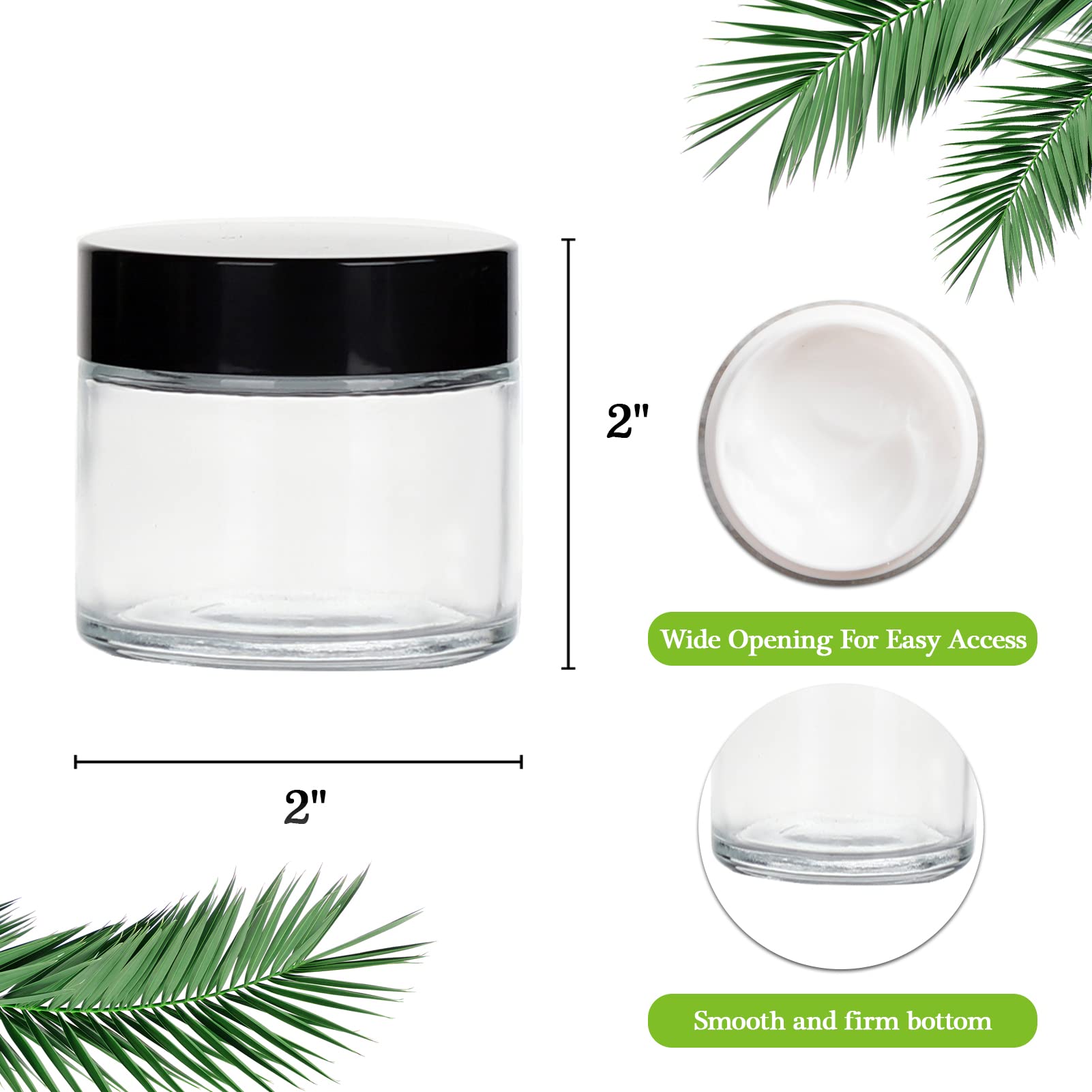 2oz Jars with Lids, HOA Kinh 40 Pack Clear Glass Jars with Lids Empty Cosmetic Containers Round Airtight Glass Jar with Black Lid for Storing Lotions Powders Ointments