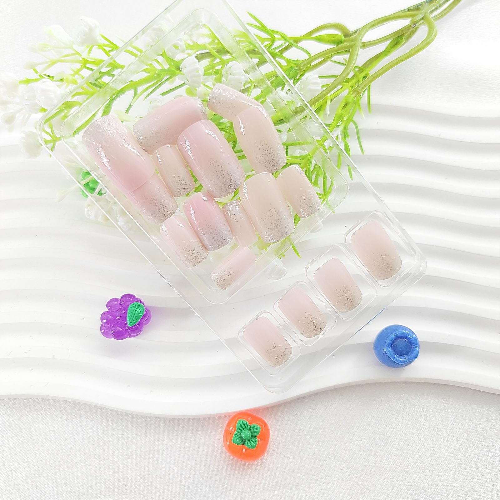 Medium Press on Nails Square White Gradient Fake Nails with Silver Glitter Design Glue on Nails Light Pink Full Cover False Nails Glossy Nails Press ons Artificial Stick on Nails for Women 24Pcs - Image 2