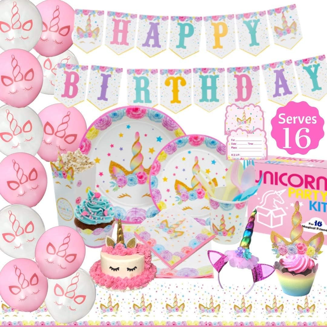 Unicorn Party Supplies Set with Unicorn Themed Party Favors! Pink Unicorn Headband for Girls, Birthday Party Decorations, Unicorn Balloons, Pin The Horn on The Unicorn Game and More| Serve 16