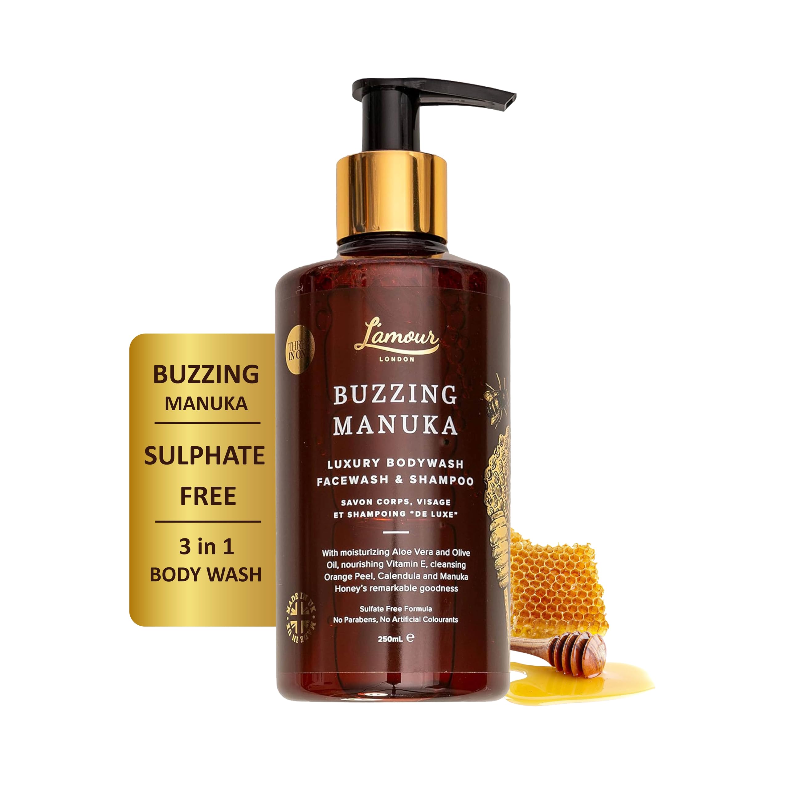 L'amour Natural | Buzzing Manuka | Luxury Body Wash, Face Wash & Shampoo | Essential Oils | Sulphate Free | Gentle for dry and sensitive skin | 250mL — image 1