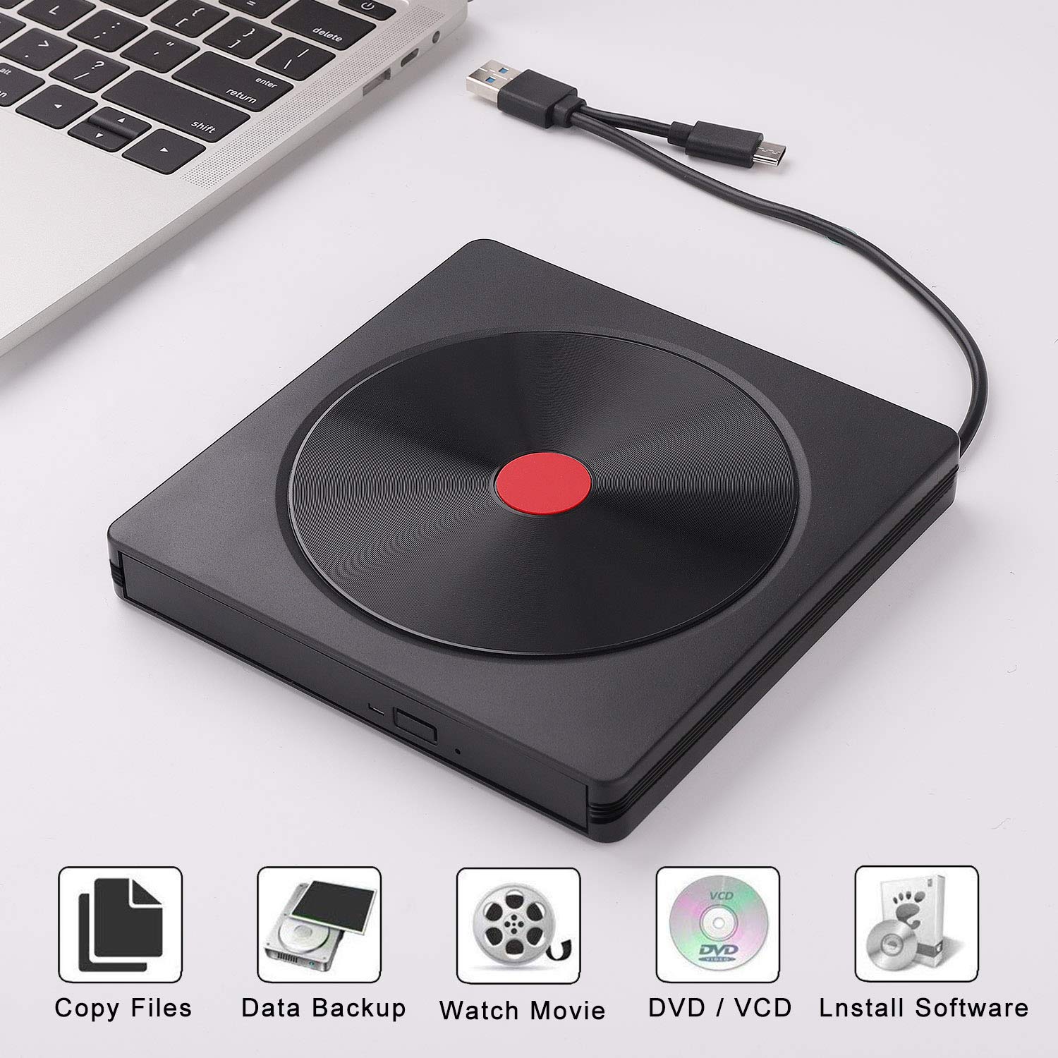 AMIGIK External DVD Drive, USB 3.0 Type C CD Drive, Dual Port DVD-RW Player - Portable Optical Burner Writer Rewriter, High Speed Data Transfer for Laptop Notebook Desktop PC MAC OS Windows 10/8/7