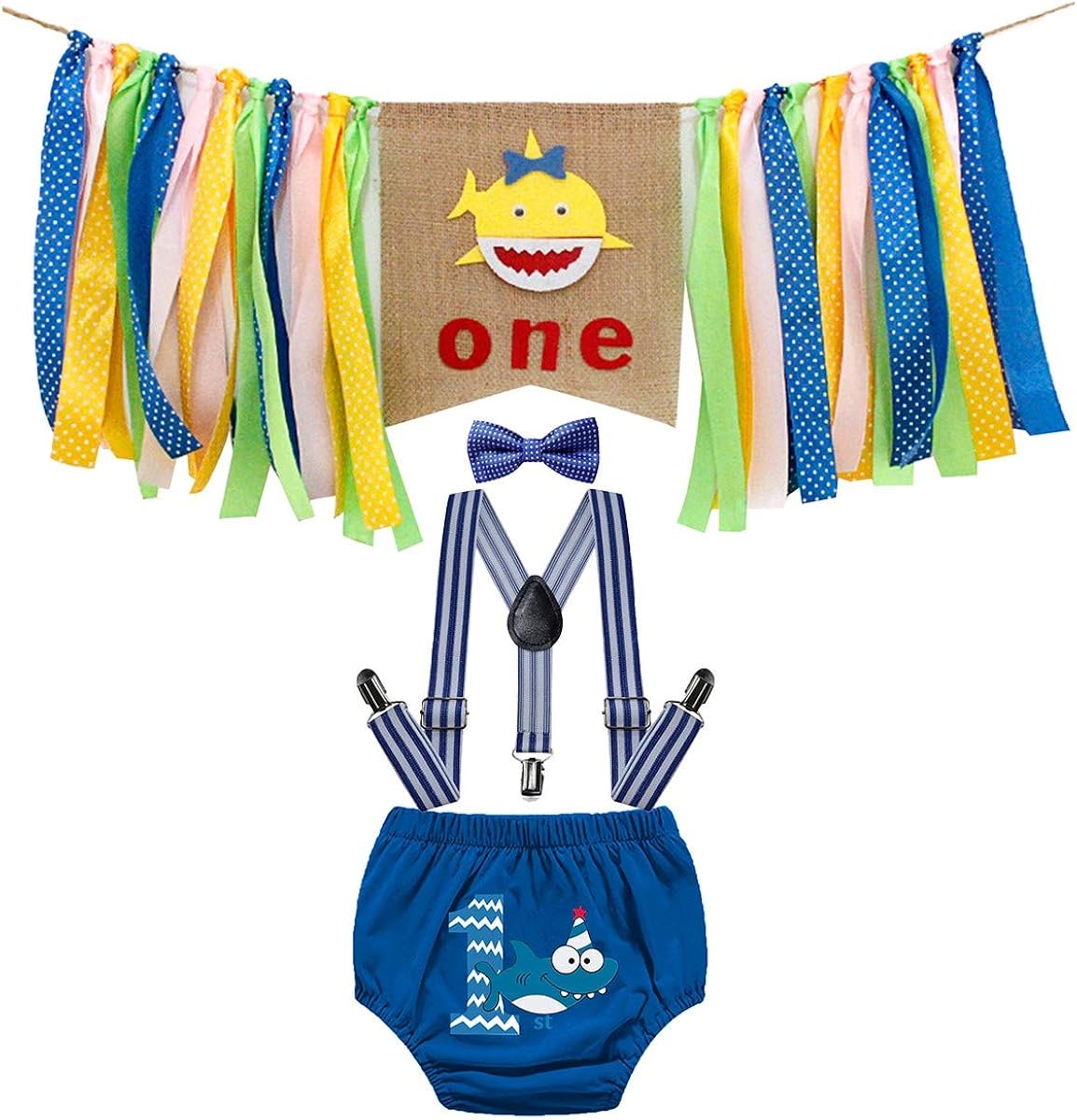 MYRISAM Baby Boy Shark 1st Birthday Decorations Kit Highchair Banner Bloomers Suspender Bowtie Cake Smash Photo Prop Outfit 12-18M