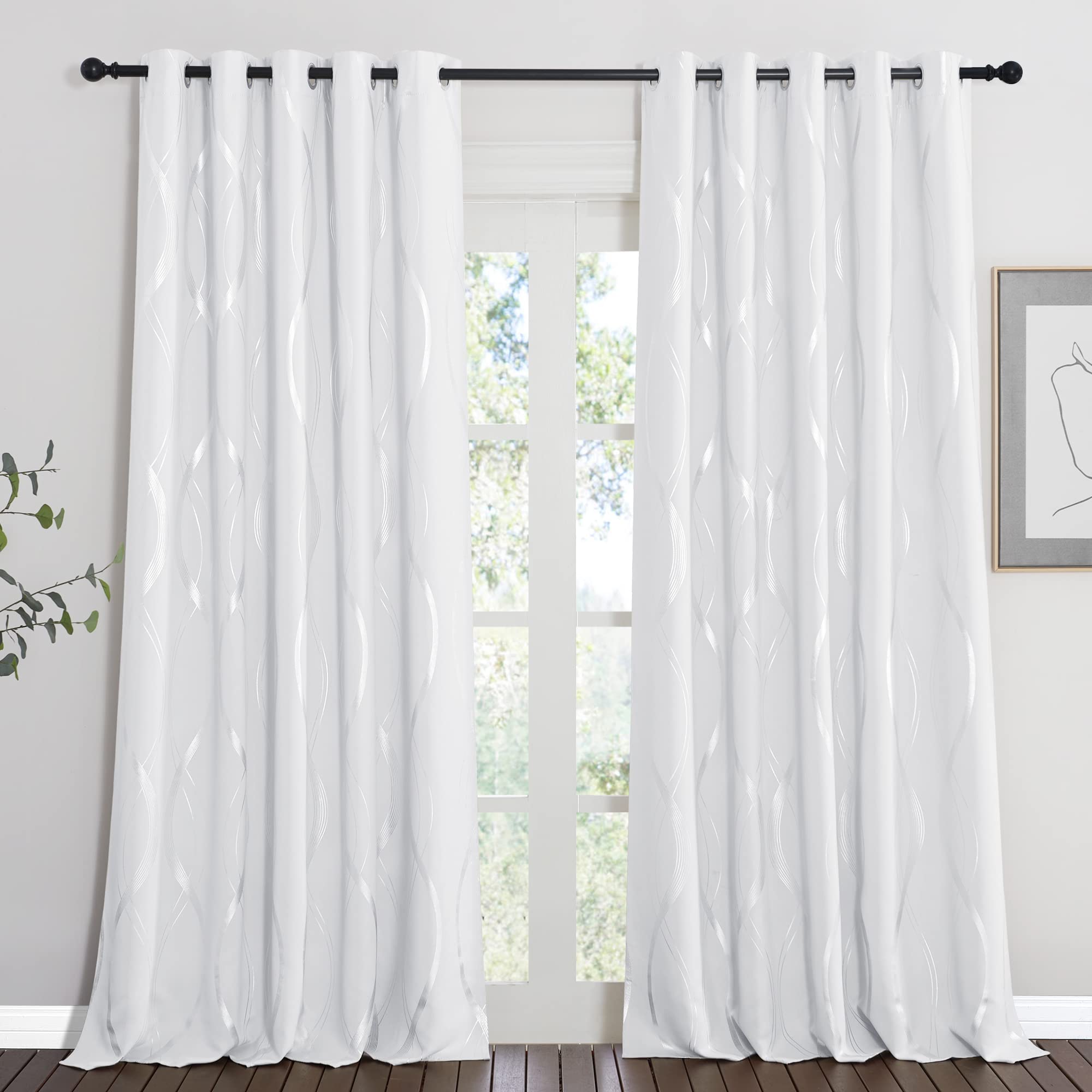 PONY DANCE Blackout Silver Wave Line Curtains - Thermal for Living Room Door, Bedroom Kids, Greyish White, 66 Inch Wide, 2 Panels Window Drapes — image 1
