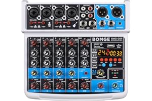 BOMGE 6 Channel mini DJ Audio sound mixer console with USB interface, Bluetooth, Stereo Recording, 48V Phantom Power, 24 DSP effects for karaoke, singing, live，streaming，pc recroding. (white)