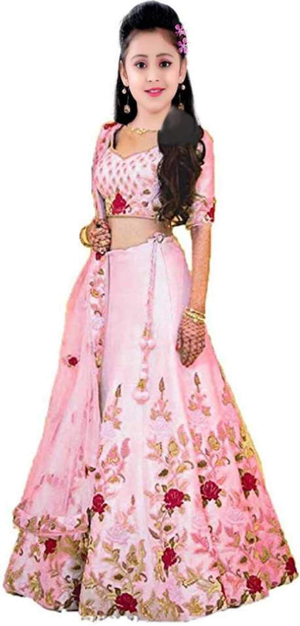 Leons Fab Girl's Banglory Satin Semi-Stitched Lehenga Choli (Pink; 10-15 Year; Free Size)