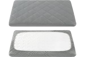 TILLYOU Pack and Play Sheet - Soft Quilted Crib Cover Pad, Toddlers Mattress Protector with 1''-3'' Deep Pocket, Thick Play Yard Playpen Sheets, Breathable Fluffy Crib Mattress Pad, 39"x27", Grey