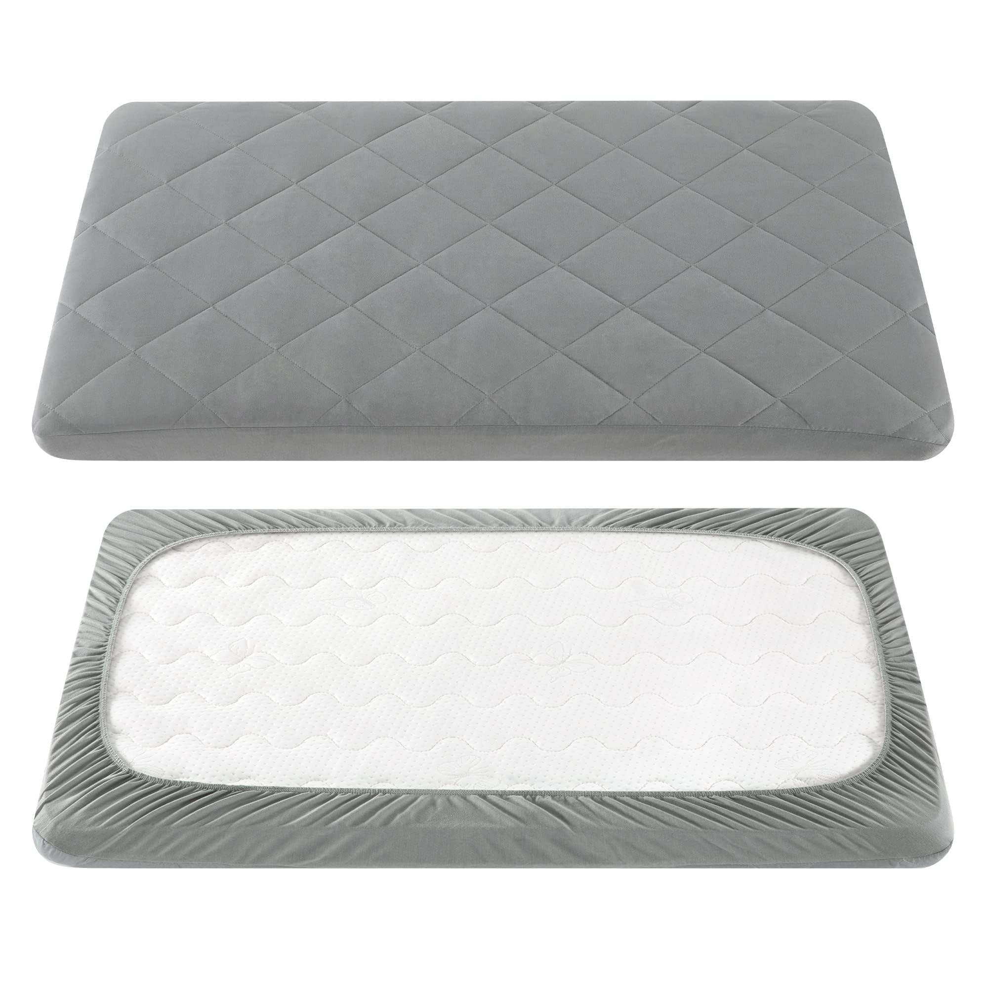 Photo 1 of TILLYOU Pack and Play Sheet - Soft Quilted Crib Cover Pad, Toddlers Mattress Protector with 1''-3'' Deep Pocket, Thick Play Yard Playpen Sheets, Breathable Fluffy Crib Mattress Pad, 39"x27", Grey
