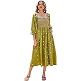 R.Vivimos Women's Long Sleeve Cotton Boho Midi Dress Vintage Square Neck Floral Embroidered Tiered Ruffle Flowy Pockets Dress