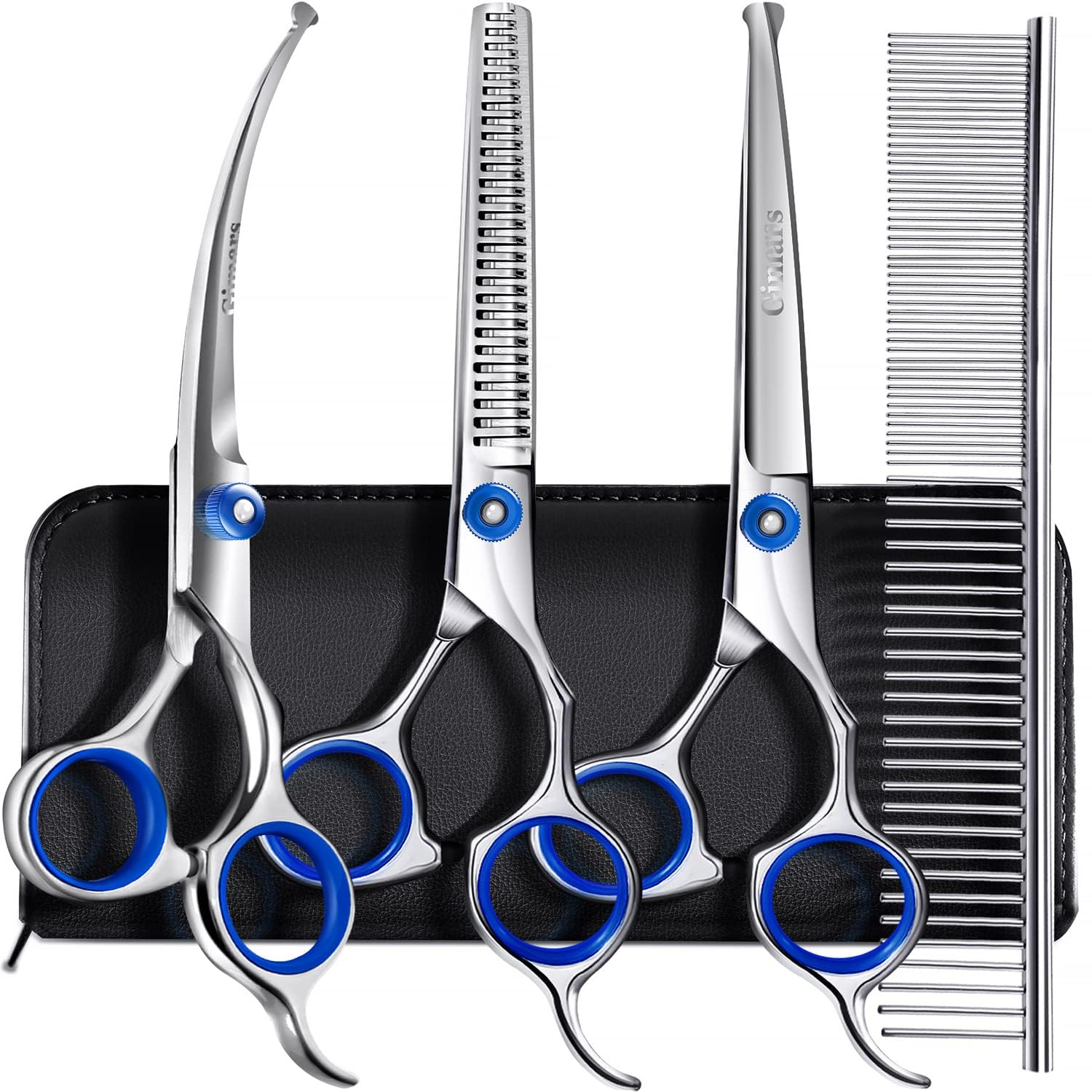 Gimars Heavy Duty Stainless Steel Titanium Coated Pet Grooming Scissors Set - Thinning, Straight, Curved Shears with Combs - Perfect Trimming Kit for Long & Short Hair, Coat, Fur for All Dog and Cat — image 1