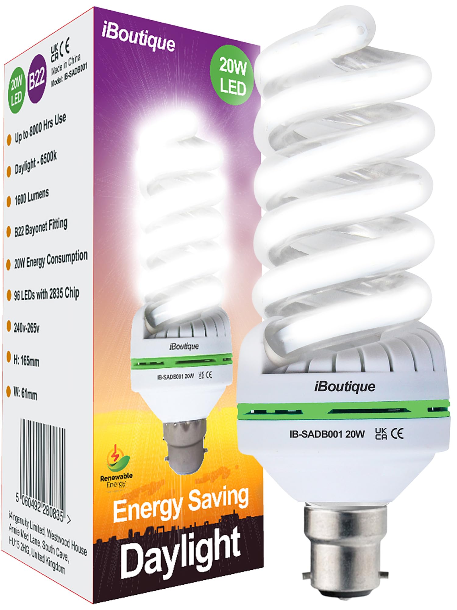 iBoutique 150w Equivalent Bayonet B22/BC 20W Daylight Energy Saving LED Bulb (Full Spectrum) Great for SAD Sufferers, Snooker, Pool, Hobbies, Crafts, Photography — image 1