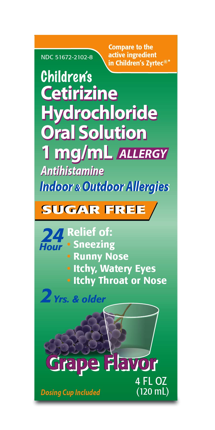 Taro Children's Allergy Medicine, Sugar Free Grape Flavor, Cetirizine Kids Antihistamine Oral Solution Syrup for Indoor & Outdoor Allergy Relief, 24-Hour Symptom Relief, 4 fl oz