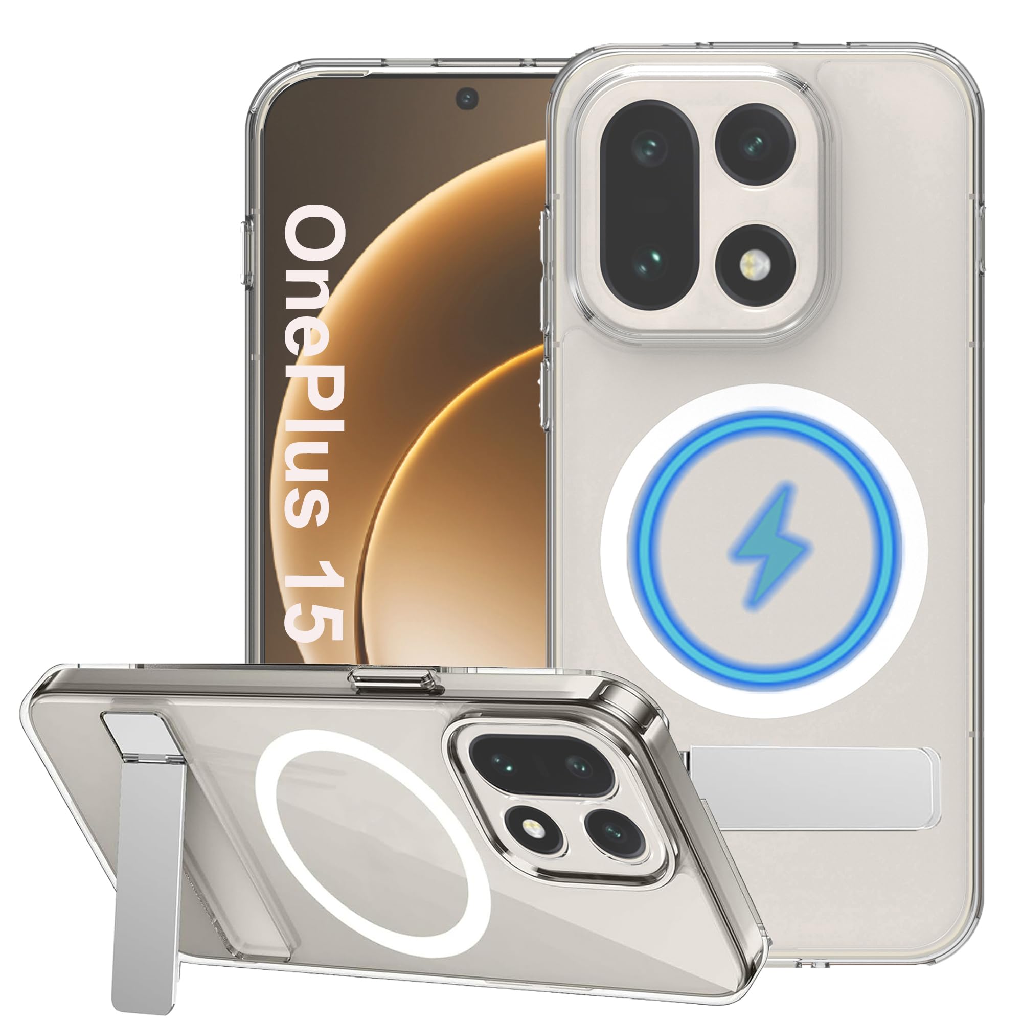 Photo 1 of condgood for OnePlus 15 Case Compatible with MagSafe, Built-in Flat Metal Kickstand & Strong Magnetic, Thicken Bumper Frame Military Grade Protection Anti-Yellowing Phone Cover for One Plus 15 (Clear)