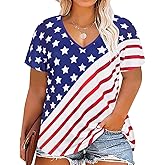 TIYOMI Plus Size Tops for Women Short Sleeves V-Neck Raglan American Flag Print Tops 4Th of July Patriotic T Shirt