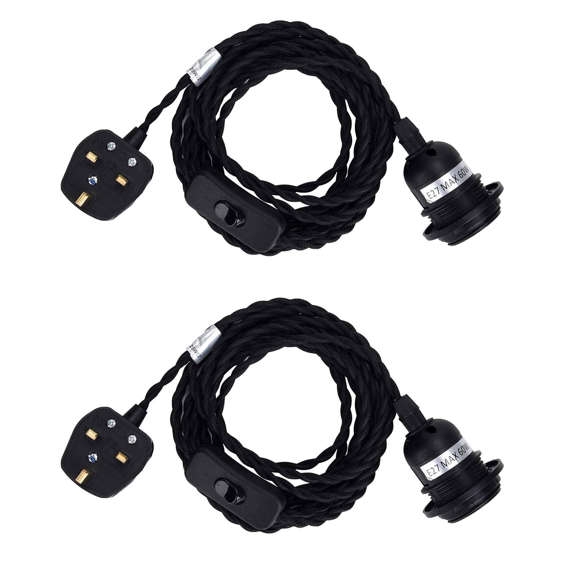 SHINY STAR Pendant Light Fitting Plug-in Haning Light Fitting in 2 Pack, Black E27 Lamp Holder KIT Accessary, 4500MM Braided Twisted Cable with ON/OFF on Line Switch HT206BPG