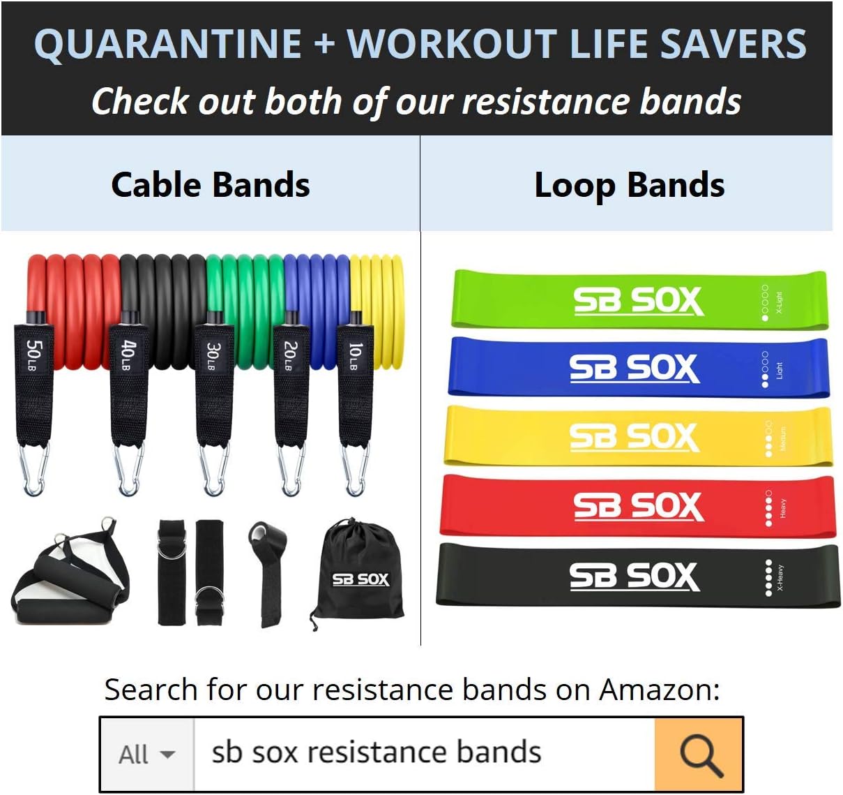 SB SOX Resistance Bands Set (Pro) for Men & Women – 5 Stackable Premium Cable Bands with Handles, Door Anchor, and Ankle Straps – Best Exercise Equipment for Your Home Gym – Works Great (Original) : Sports & Outdoors