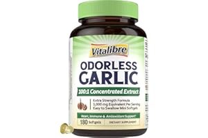Vitalibre Odorless Garlic, 3,000mg Equivalent Per Serving, Extra Strength 100:1 Extract, Non-GMO, No Gluten, Heart & Immunity, Antioxidant Defense, 180 Softgels