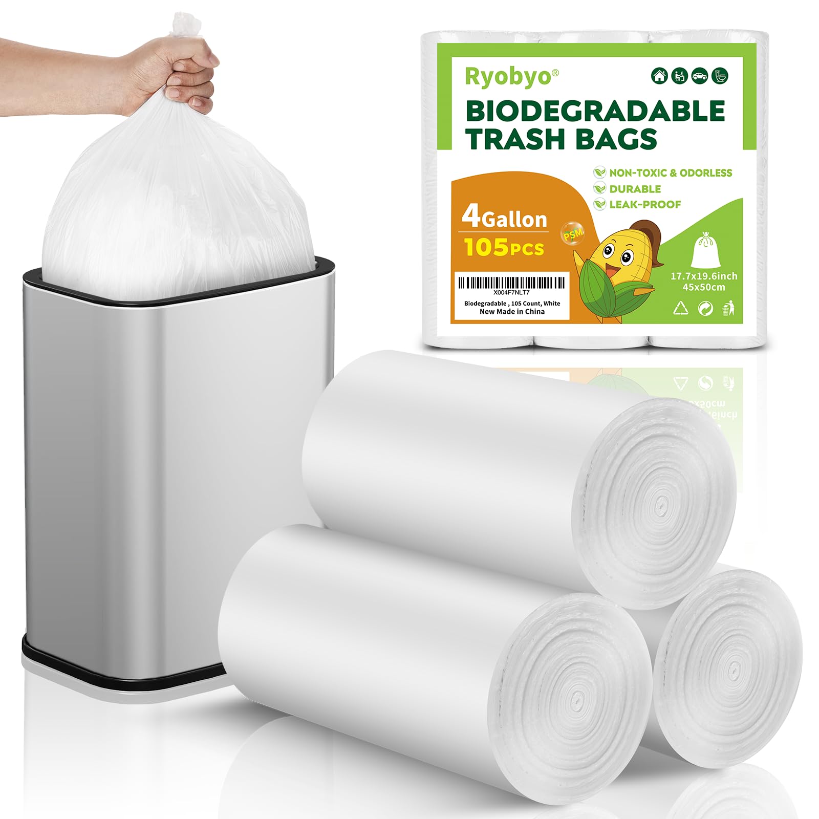 Photo 1 of Ryobyo Biodegradable Small Trash Bags 4 Gallon, 105 Count Unscented Small Garbage Bags, Easy Tearing Bathroom trash bags for Bathroom Bedroom Office Kitchen, White