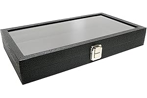 NOVEL BOX COMPANY, LTD. Novel Box Jewelry Display Case Black Leatherette 14.75x8.25x2.1 Large Glass Jewelry Box with Lid | Display Cases for Collectibles | Rock Collection Box with Metal Clasp | Gem Display Case