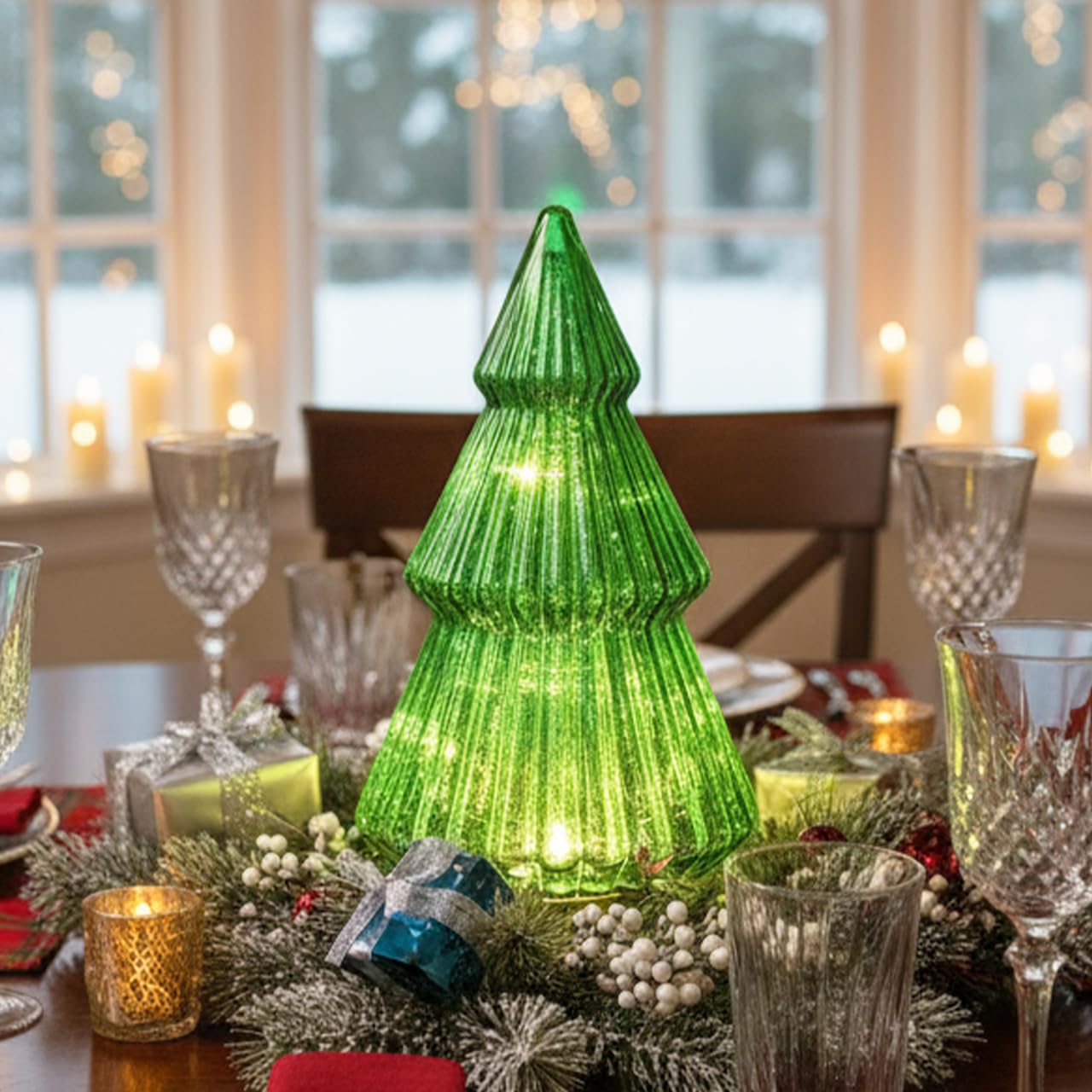Photo 1 of *UNTESTED*
Glass Christmas Tree Light with Timer, Battery Operated Green Lit Xmas Tree Figurine, Lighted Mercury Glass Decor Cordless Cone Crystal Figurine Tabletop Lamp, Light Up Árbol de Navidad with Lights