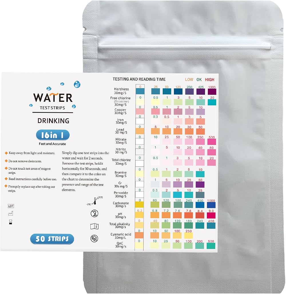 SULIVES 50-Pack Water Test Strips for pH, Lead, Chlorine & More